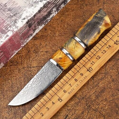 Little Samurai Damascus Fixed Knife VG10 Blade Solidified Wooden Handle Outdoor Tactical Defense Fruit Hunting EDC Tool Knife