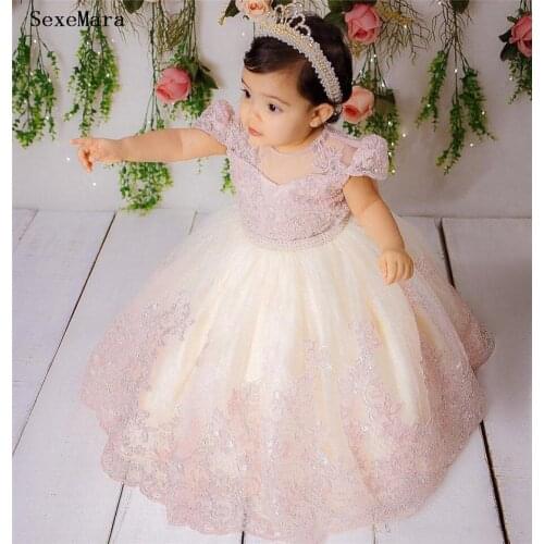 Cute Pink Lace flower girl dress baby toddler tulle birthday gown kids clothes for wedding and party short sleeve