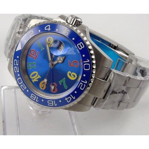 40mm blue dial GMT hand ceramic bezel date window automatic mens watch