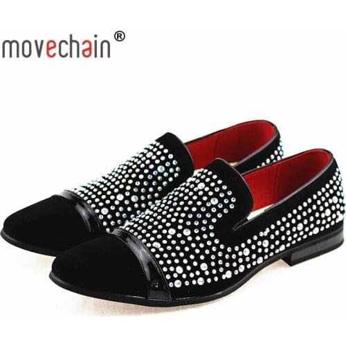 Movechain Mens Fashion Suede Leather Loafers Mens Rivets Embroidery Rhinestone Party Flats Man Moccasins Oxfords Casual Shoes