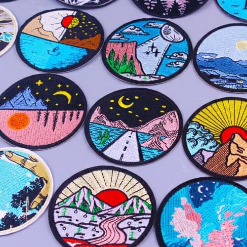 Star Night Mountain Wave Embroidery Patches for Clothing Punk Patches Iron On Patch Van Gogh Stripes DIY Applique Cloth Stickers