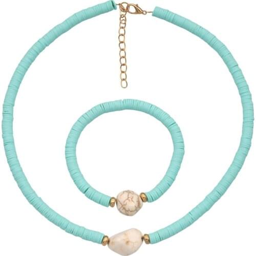 Boho Handmade Blue Polymer Clay Disc Necklace Bracelet Set Turquoises Beads Choker Necklaces for Women Girls Summer Jewelry Set