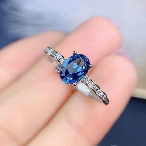 Natural Topaz Ring, S925 Sterling Silver Natural London Blue Topaz Lady Gem Ring, Simple Style Ring