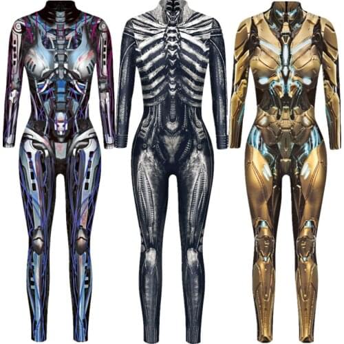 Robot Punk Skeleton Cyberpunk Steampunk Sexy Slim Jumpsuit Catsuit Cosplay Costumes Zentai Women Bodysuit Clothes Halloween