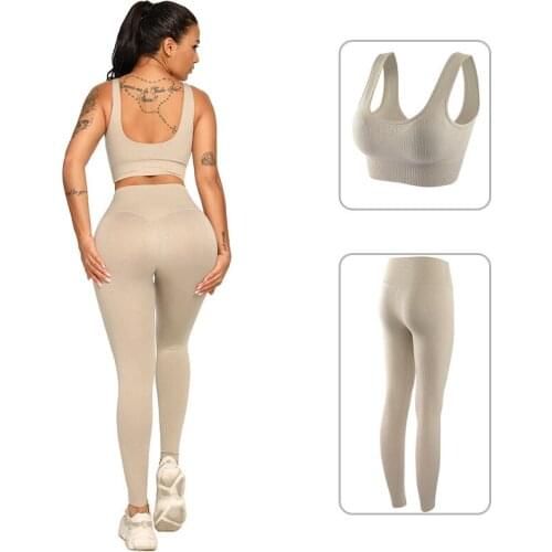 SALSPOR Fitness Set Women Knitted Rib Push Up Bra Female High Waist Elasticity Seamless Workout Leggings Ankle Length Set Girl
