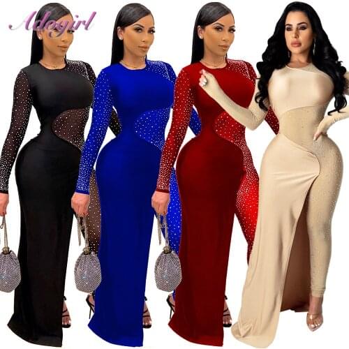 Sexy Diamonds Shher Mesh Night Party Club Jumpsuit Patchwork Dress Women Long Sleeve See Through Outfit Skinny Rompers Overalls