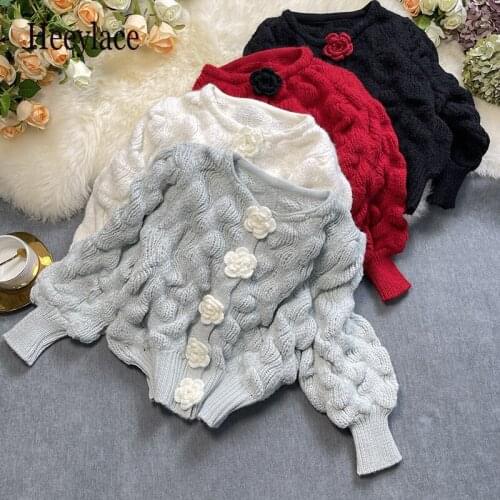 2021 autumn winter Warm Woolen sweater coat handmade three-dimensional rose French Vintage Elegant Puff Sleeve knitted cardigan