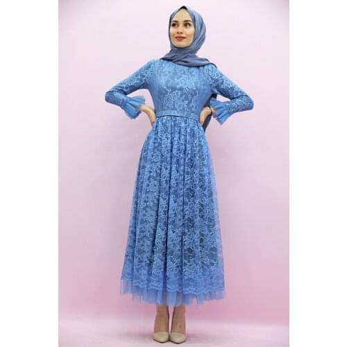 Full Closed Muslim Women Hijab Laced Gauze Hijab Evening Dresses Blue