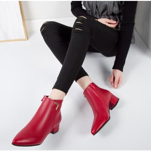 Net red low heel womens shoes single boots 2019 autumn and winter new pointed thick with short boots frosted Chelsea boots