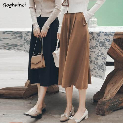 Skirts Women Elegant Simple All-match Korean Style Pockets Button Pleated Commute Teens Classic Solid Casual Mid-calf Zipper Ins