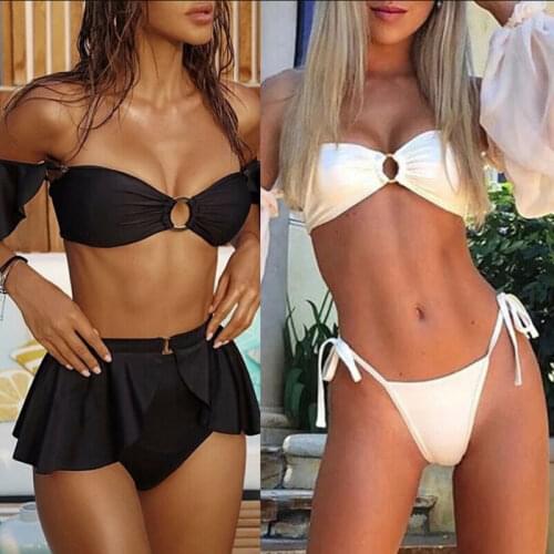 2021 New Style Women White Lantern Sleeve Bikinis Set Bandeay Swimsuit Ruffled Black High Waist Swimwear Female Bathing Suit