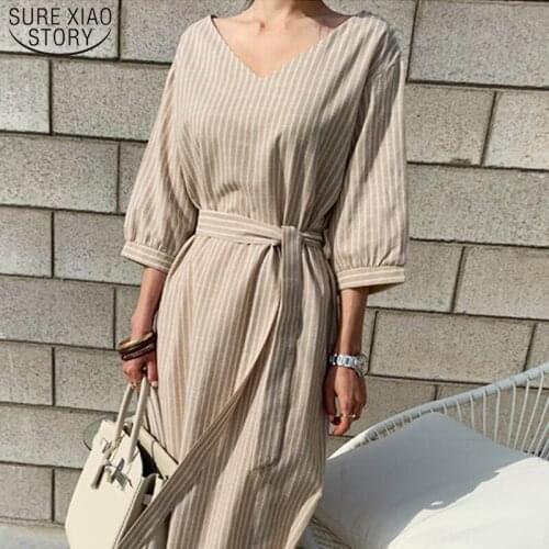 2021 Summer Striped Cotton Linen Long Dress Women Fashion Plus Size Vestidos Vintage V-neck Half Sleeve Loose Dress for Women
