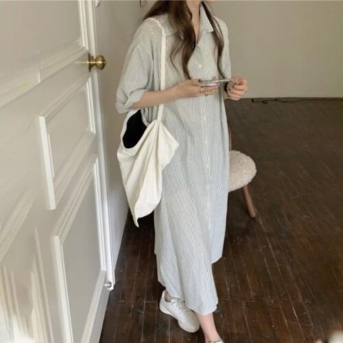 2021 Women Summer Cotton Striped Long Shirt Dress Lapel Collar Single Breasted Straight Loose Maxi Sundress Half Sleeve