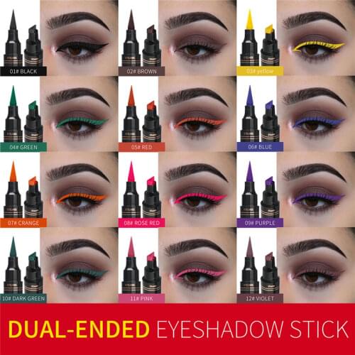 12 Colors Double-Headed Seal Black Eyeliner Triangle Seal Eyeliner 2 in 1 Waterproof Eyes Makeup Eyeliner Eye Pencil Stamp