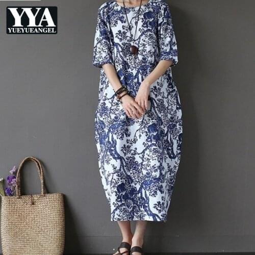 2019 New Cotton And Linen Summer Dress Women Plus Size 5XL Half Sleeve Loose Fit Ladies Casual Dress Fashion Printing Clothes