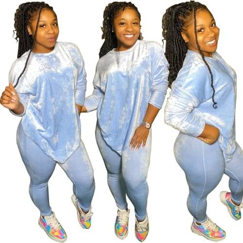 2020 Autumn Winter Women Velvet Tracksuit 2PCS Sets Solid Blue Homewear Tops Pullover Pants Casual Sportwear Plus Size 2XL