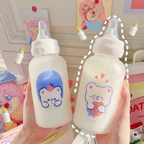 320ml Creative Glass Kawaii Female Student Childrens Cute Bear Water Cup Frosted Straw Silicone Pacifier Bottle