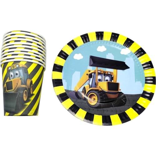 Boy Favors Plates Baby Shower Decora Bulldozer Theme Disposable Tableware Set Happy Birthday Events Supplies Party Cups 60pcs
