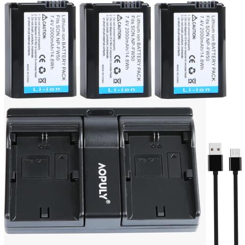 AOPULY 3Pcs 2000mAh NP-FW50 FW50 NP FW50 camera battery + Dual Charger for Sony NEX-5 NEX-5A NEX-5C NEX-5D NEX-5DB Alpha 7R II