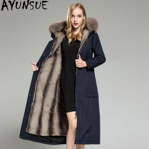 AYUNSUE Real Fur Parka Winter Jacket Women Natural Rabbit Fur Liner Long Coat Female Fox Fur Collar Warm Parkas Plus Size MY3602