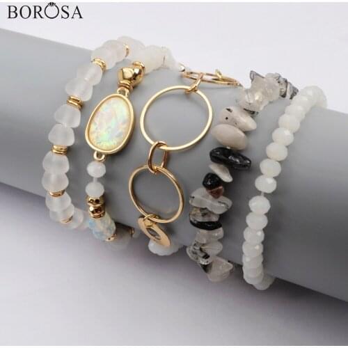 BOROSA 5Sets (5Pcs/set Mixed Bracelets) Multi-kind Jades Gems Beads Opal Crystal Glass Faceted Bead Bracelet Sets Jewelry WX1187