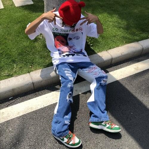 Street high street mens fashion brand ins retro stitching hiphop holed jeans