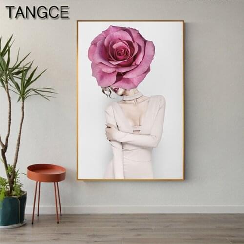 Elegant Pink Purple Flower Girl Canvas Painting Fashion Gorgeous White Dress Lady Poster Print for Living Room Bedroom Wall Art