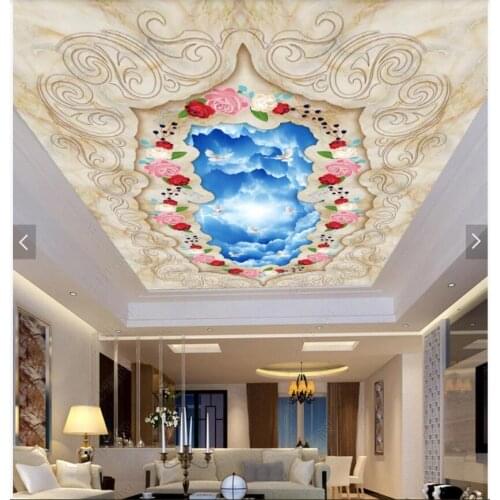 Custom photo 3d ceiling murals wallpaper European blue sky pigeon flowers room home decor 3d wall murals wallpaper for walls 3 d