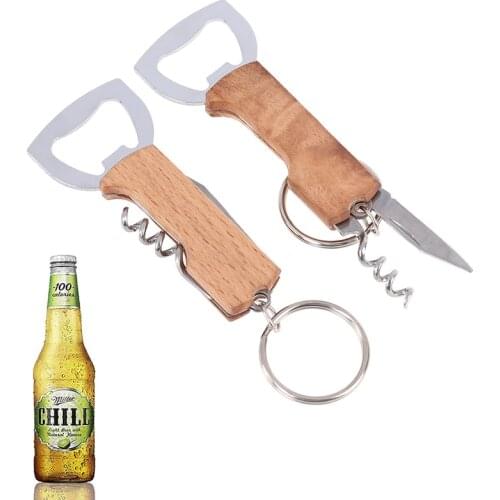 Creative Keychain Beer Bottle Opener Stainless Steel Multifunctional Wooden Handle Corkscrew Wine Opener Bar Party Accessories