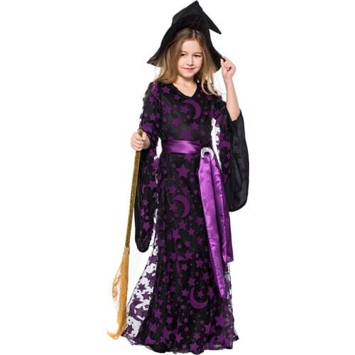 Halloween cosplay costumes for Children Witch hat Girl fancy dress Fantasia Moon Stars Purple Kids Party Dress up