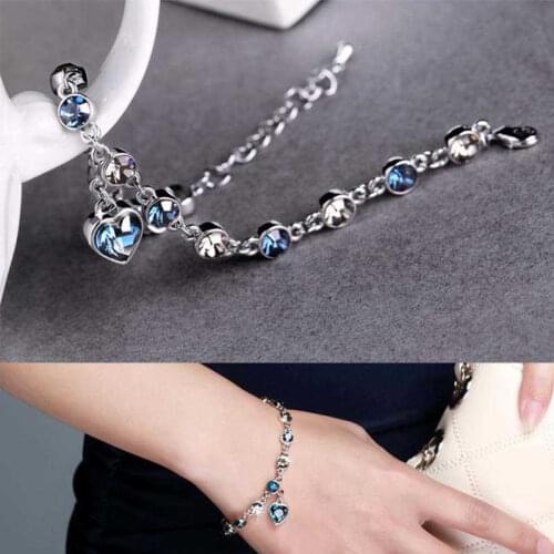 Fashion Women Ocean Heart Austrian Crystal Chain Jewelry Bracelet Adjustable Bangle