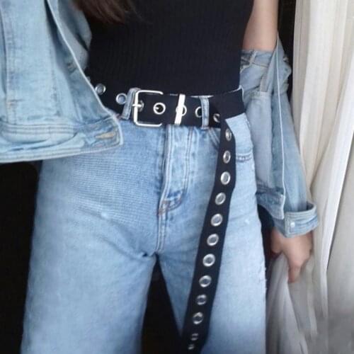 Womens New AlloyRing Hole Nylon Canvas PU Long Belt Unisex Punk Style Wild Jeans Waistbelt Personality Ladies Decorative Belt