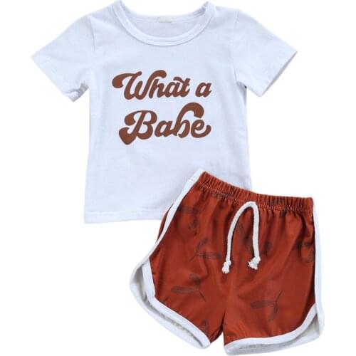 OPPERIAYA 2Pcs Newborn Summer Casual Outfits Baby Letter Pattern Short Sleeve Round Neck T-shirt Color Block Drawstring Shorts