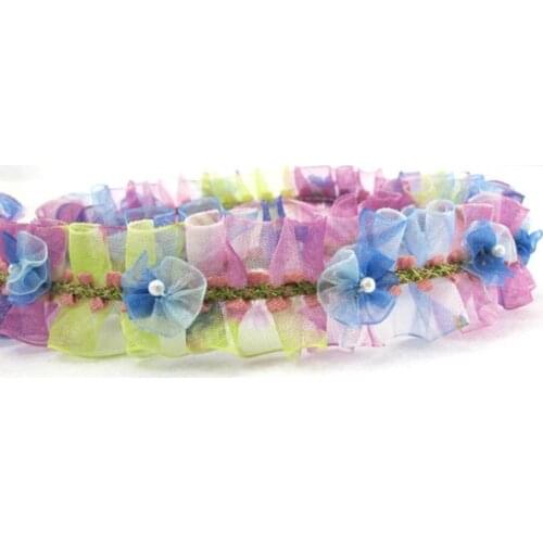 Pleated Trim|w Rococo Flower Trim|1 1/8 Inches Pleated Ombre Printed Chiffon Trim|Organza Chiffon Trim|Retro Handmade Supplies