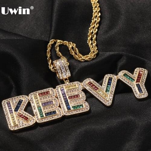 UWIN Customized Name Pendent Necklaces Big Baguette Iced Out Colorful Cubic Zirconia Letters Pendant Hip Hop Jewelry for Gift