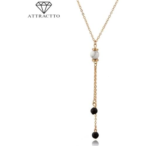 ATTRACTTO Black Lava Natural Stone Beads Necklaces&Pendants For Women Chain Long Gold Necklace Charms Jewelry Necklace SNE190010