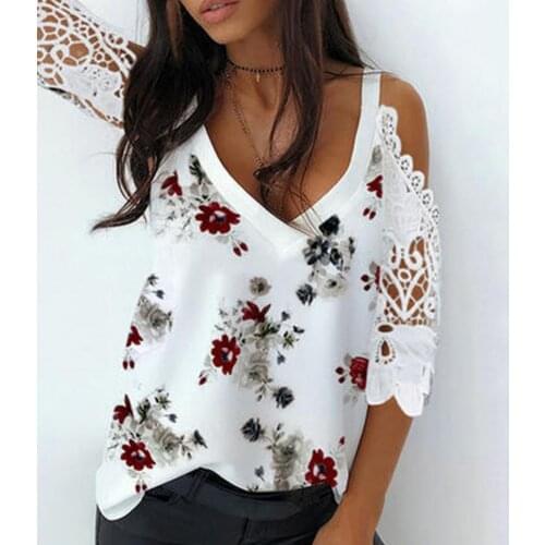 Plus Size Summer T Shirt casual Polyester V Neck Off Shoulder Polyester Women Half Sleeve Printing T-shirt loose T-shirt Summer