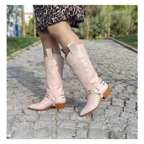 Western Boots Women Knee High Cowboy Boots Fashion Pointed Toe Sewing Shoes Female High Heels Thick Ladies Winter Shoes 2020