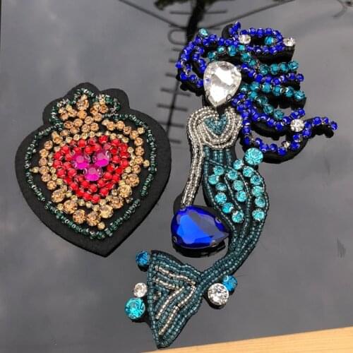 Clothing diy Hand sewing loving heart drill beaded patches applique mermaid patch for clothes flower stickers fabric
