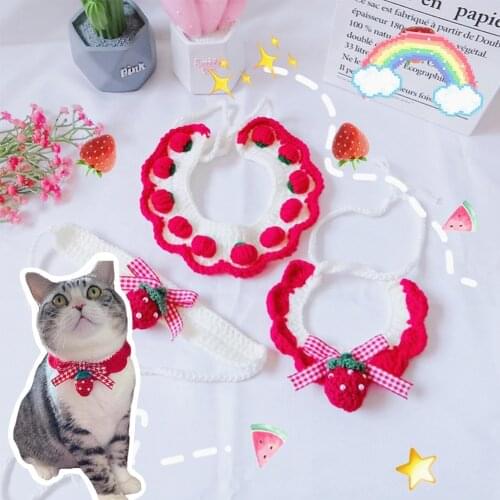 Strawberry Crochet Cat Collar Woolen Dog Bandana Bowknot Pet Necklace Manual Kitty Scarf Cute Cat Accessories Yorkie Chihuahua