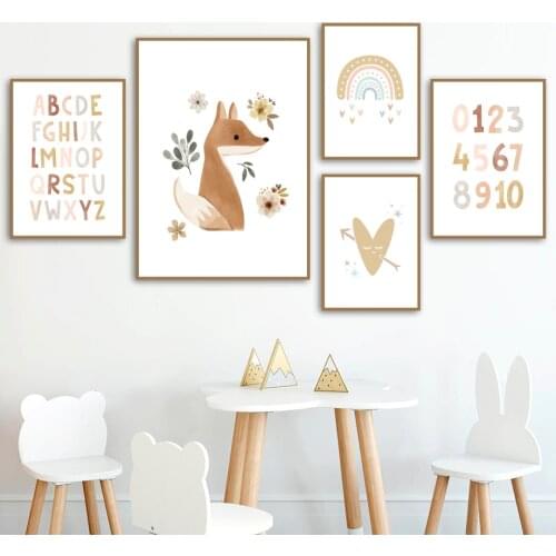 Nordic Poster Boho ABC Alphabet 123 Rainbow Heart Fox Wall Art Print Canvas Painting Wall Pictures Baby Kids Room Playroom Decor