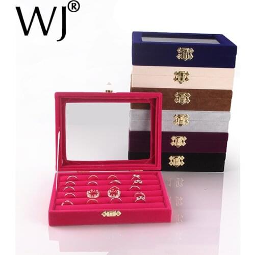 Glass Lid Ring Jewellery Display Storage Box Tray Case Organiser Black Velvet Jewelry Bague Earring Stand Holder Showcase 15*20