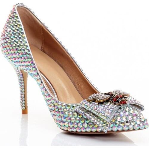 Diamond Princess Wedding Shoes Women Diamond Silver Ab Crystal Bow Princess Bride Bridesmaid Pumps Pointed Dress Bee Shoes