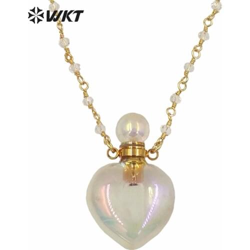 WT-N1237 WKT Amazing Aura gold electroplated crystal quartz heart shape perfume bottle necklace Aura stone crystal necklace