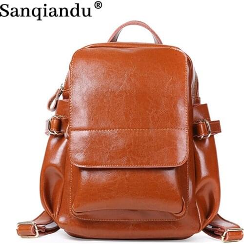 Womens Backpacks Large Female 100% Genuine Leather Ladies Design Vintage Oil Wax Leather Backpack School Bags For Girls Bookbag