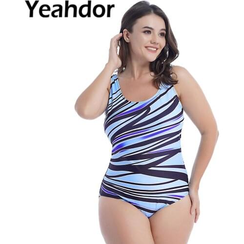 Big Size Women Summer Swimwear Swimsuit Stripes Print U Neck Sleeveless Removable Pads Backless Bodysuit Female Bathing Suit