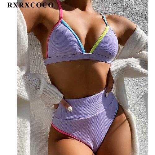 RXRXCOCO Women Swimsuit Ribbed Bathing Suit Female Push Up Bikini Set Biquini Beachwear High Waist Bikini Swimwear Women 2021