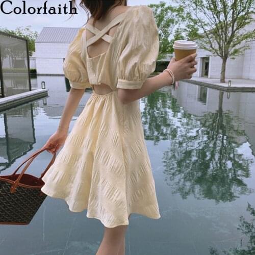 Colorfaith New 2021 Women Summer Dresses V-Neck High Waist Backless Cutout Korean Elegant Chiffon Vintage Lady Pure Dress DR4185