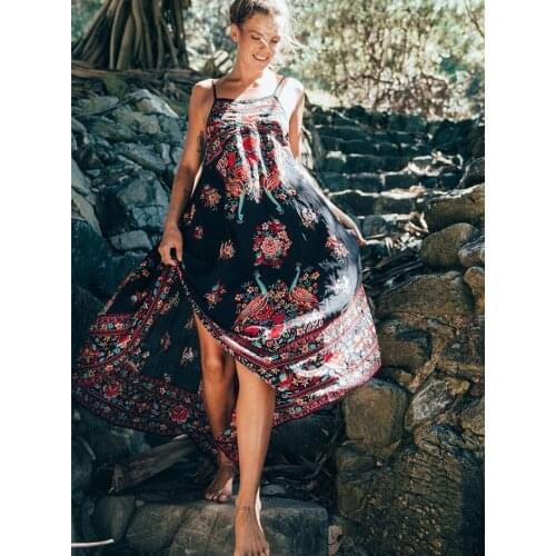 Happie Queens Vintage Women peacock floral print sleeveless beach Bohemian strap dresses Ladies Boho midi dress vestidos