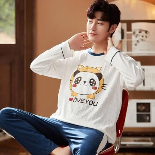 Winter Cotton Leisure Men White Long Sleeve Pajamas Set Blue College Style Sleepwear Cute Cartoon Bears Mens Plus Size Homewear
